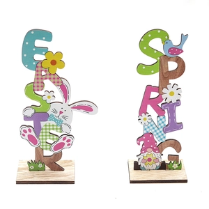 Easter and Spring wooden desktop decorations featuring painted gnome and rabbit figures