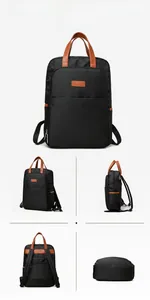 Detailed views of the black business casual backpack with brown leather handle and zipper detail