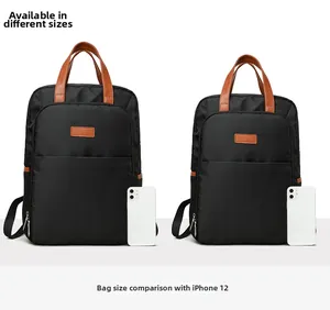 Detailed size comparison of black waterproof backpacks in large and small with iPhone reference