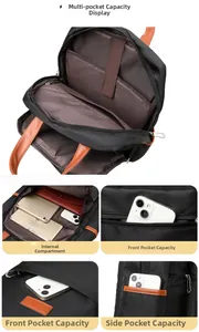 Detail view of large capacity backpack showing organized internal pockets for electronics