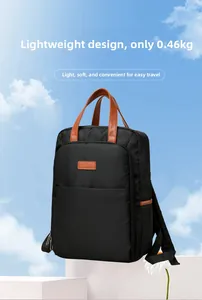 Detail of lightweight black backpack weighing only 0.46kg with durable brown leather handles