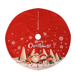Red 120cm Christmas tree skirt featuring cartoon Santa, reindeer, and Merry Christmas text