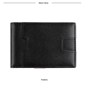 Close-up of black leather card holder with precise stitching and RFID blocking clip