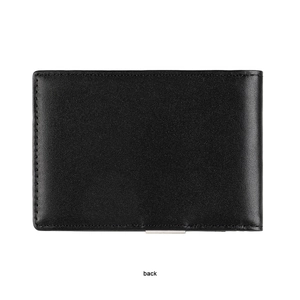 Rear view of black genuine leather RFID wallet showing fine texture and precision stitching
