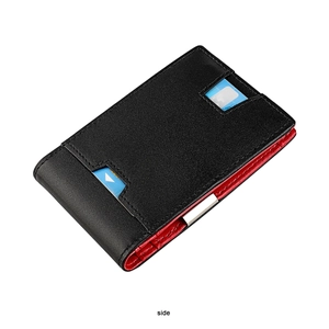 Detailed side view of black leather wallet with red interior and multiple card slots