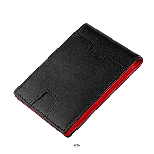Detail view of the black leather wallet featuring red interior and fine stitching craft
