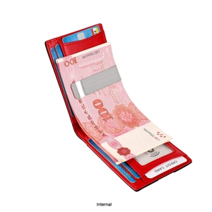 Internal view of red leather RFID wallet featuring silver money clip and card slots