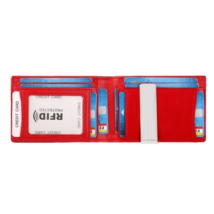 Detail of red leather RFID wallet featuring internal card slots and a metal money clip