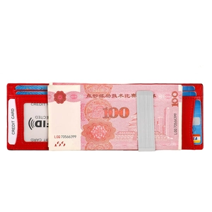 Detail view of red leather wallet interior with RFID card slots and silver money clip