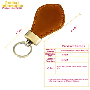 Detailed size chart showing dimensions for the vintage leather keychain with metal ring