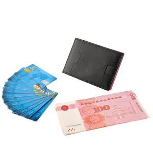 Detail of slim leather wallet interior with red lining and multiple RFID card slots