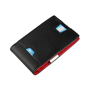 Close-up of slim RFID leather wallet with black pebble grain and vibrant red interior