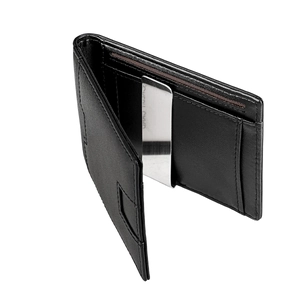 Detail view of ultra-thin leather wallet showing card slots and metal money clip