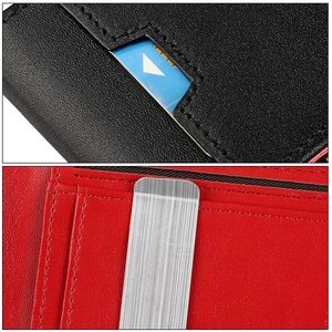 Detail of RFID slim leather wallet showing black lychee texture and red interior stitching