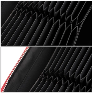Macro view of organ-style inner slots with red zipper and durable black fabric detail