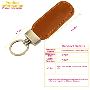 Macro view of vintage crazy horse leather keychain with detailed size measurements
