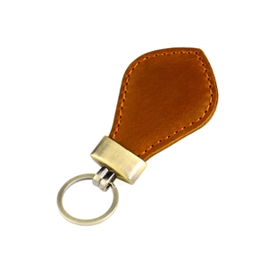 Vintage brown crazy horse leather teardrop keychain with bronze metal ring and orange stitching