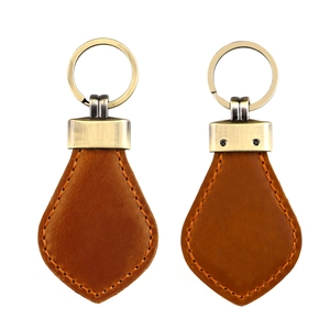 Vintage crazy horse leather car keychain with handmade stitching and brass metal ring