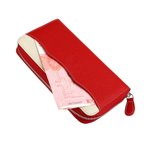 Red and beige pebbled leather RFID passport wallet with diagonal zip and front pocket