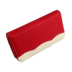Red and white lychee grain leather zip-around passport wallet with contrast stitching