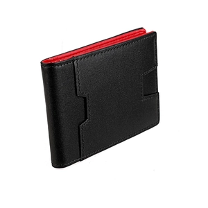 Slim RFID blocking bifold leather wallet for men featuring black exterior and red lining