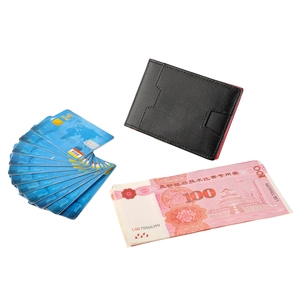 Slim RFID leather wallet in black and red featuring multiple card slots and money clip