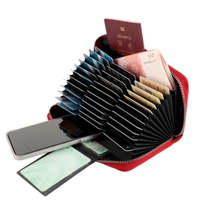 Red genuine leather RFID blocking accordion wallet for cards, passport, and smartphone