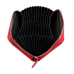 Red genuine leather RFID blocking accordion card holder with multi-slot interior
