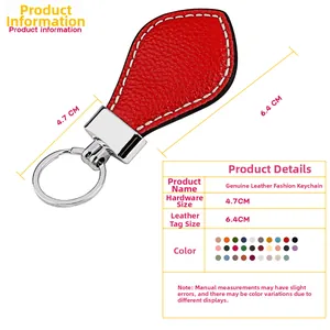 Detailed sizing chart for genuine leather heart keychain with dimensions and red texture