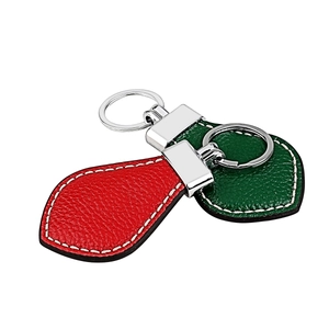 Litchi pattern genuine leather car keychain with white stitching and silver metal ring