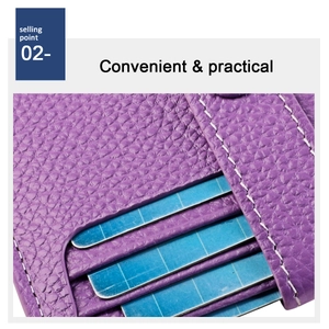 Detailed close-up of purple lychee grain leather card holder with 5 vertical slots