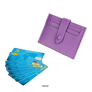 Detail of purple pebble grain leather RFID wallet with multi-card slots and snap button