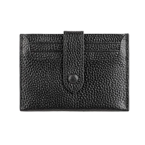 Detail of black lychee grain leather card holder with secure snap button and card slots