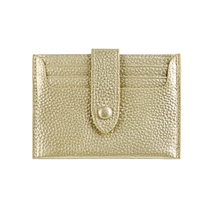 Close-up of gold pebble grain leather RFID wallet with four card slots and snap button