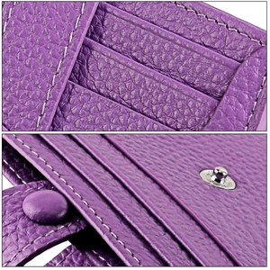 Detail of purple lychee grain leather card holder featuring RFID protection and snap closure