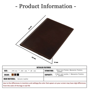 Detailed dimension guide and internal structure of the dark brown leather B5 organizer