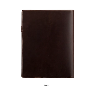 Back view of dark brown crazy horse leather B5 notebook cover with yellow stitching