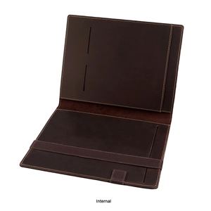 Internal view of dark brown crazy horse leather notebook cover with slots and pen holder