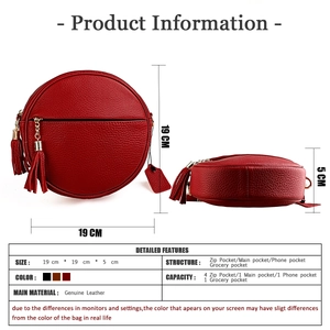 Detailed view of red round leather crossbody bag with tassel and size specifications