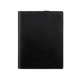 Detail of black crazy horse leather A5 notebook cover with contrast orange hand-stitching