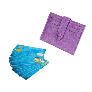Slim purple pebble leather RFID card holder wallet with multiple slots and button closure