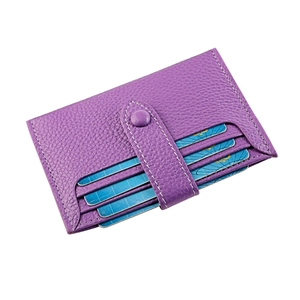 Purple RFID leather card holder with litchi grain texture and secure snap fastener