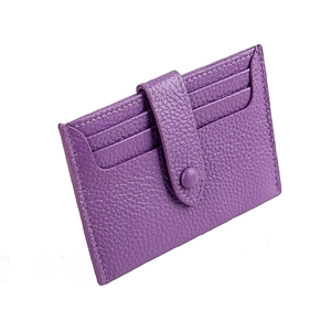 Purple RFID leather card holder with litchi texture and contrasting white stitching