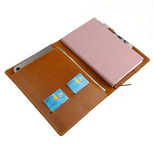 Brown leather A5 notebook cover and tablet organizer with pen holder and card slots