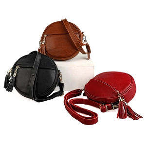 Round Crossbody Bag Genuine Cowhide Leather Pebble Grain Tassel Detail Women Daily Casual Shoulder Purse Mobile Phone Bag