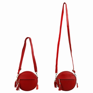 Red round genuine leather crossbody bag with tassel and adjustable shoulder straps