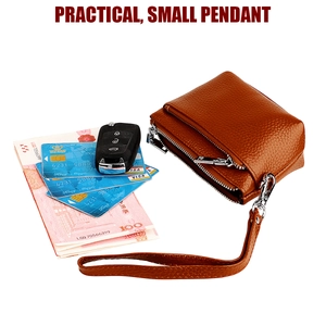Petit porte-monnaie en cuir marron avec double zip pour cartes et clés de voiture