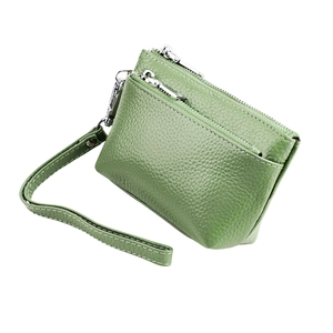 Porte-monnaie vert en cuir grainé avec double fermeture éclair et dragonne amovible