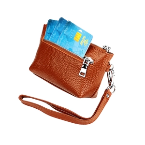 Porte-monnaie en cuir véritable marron avec fentes zippées et dragonne amovible