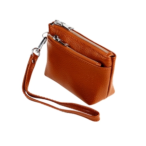 Porte-monnaie en cuir marron grainé avec double fermeture éclair et dragonne amovible